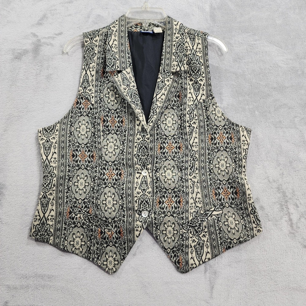 Vintage Honors Vest Womens L Beige Black Floral Tweed Tapestry Western Boho